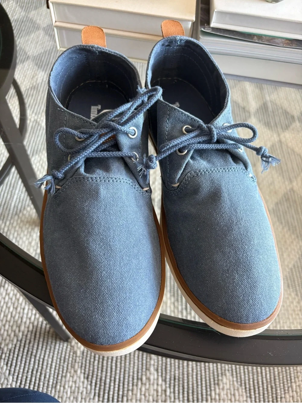 Timberland Men’s Blue Canvas Lace-Up Dress Shoes with Tan Trim size 10 nwt